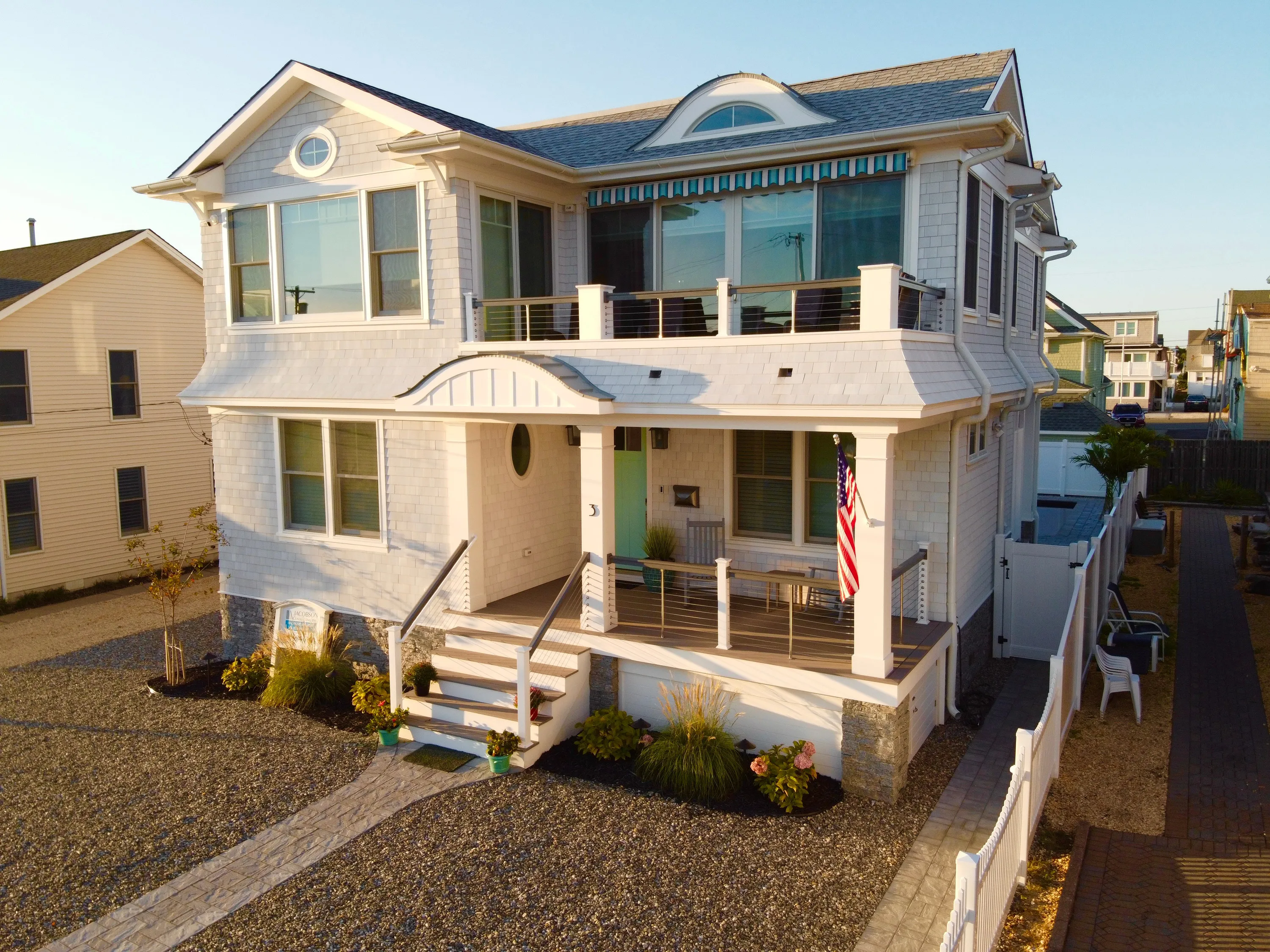 Aerial view of a light coastal residence in New Jersey.