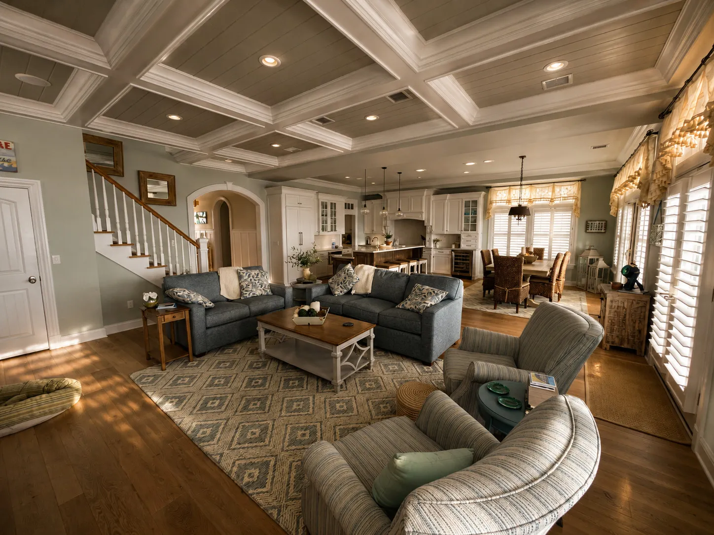 Open living room with a coffered ceiling and connected dining area.