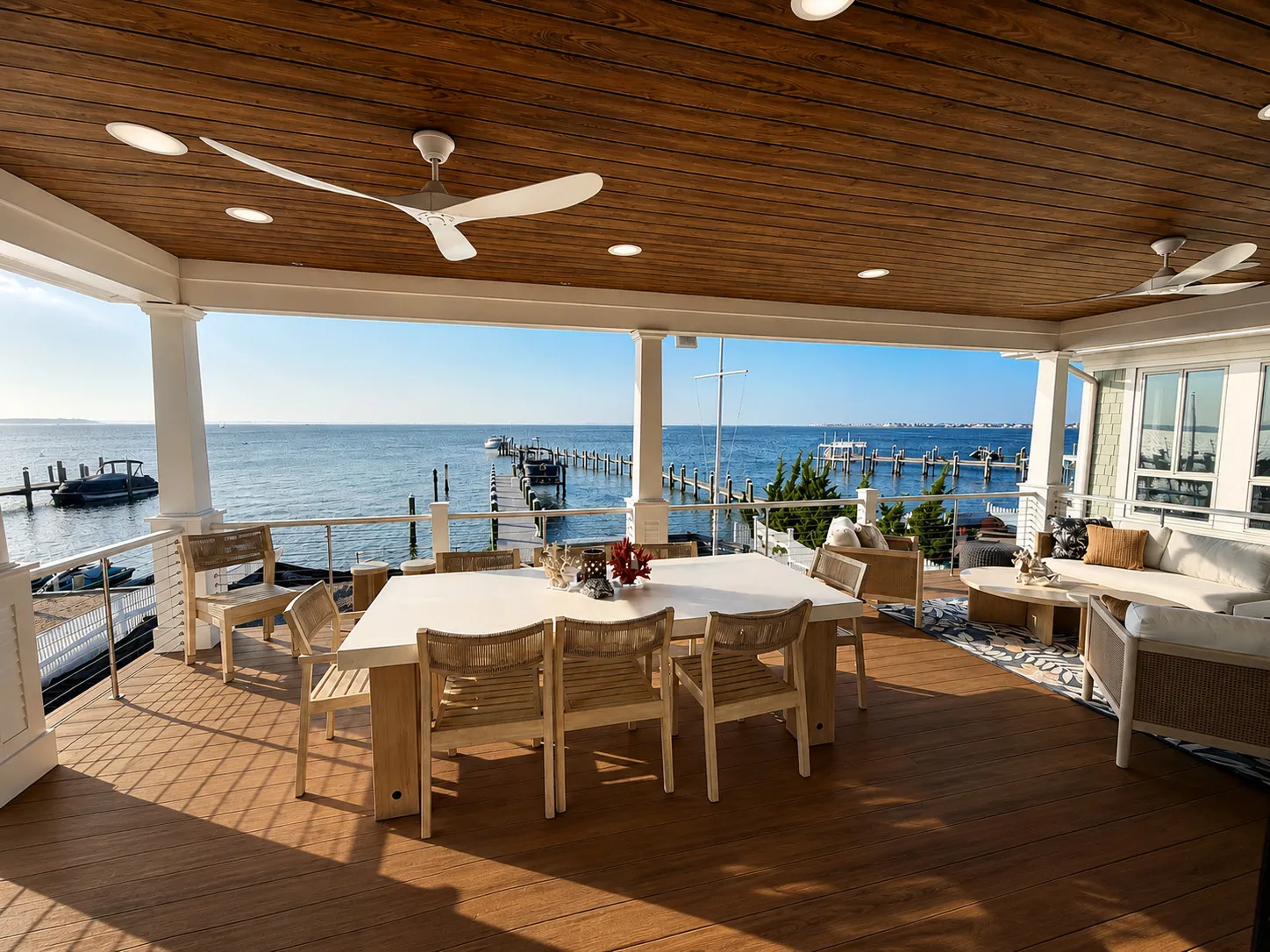 Covered waterfront dining terrace with a wood ceiling in New Jersey.