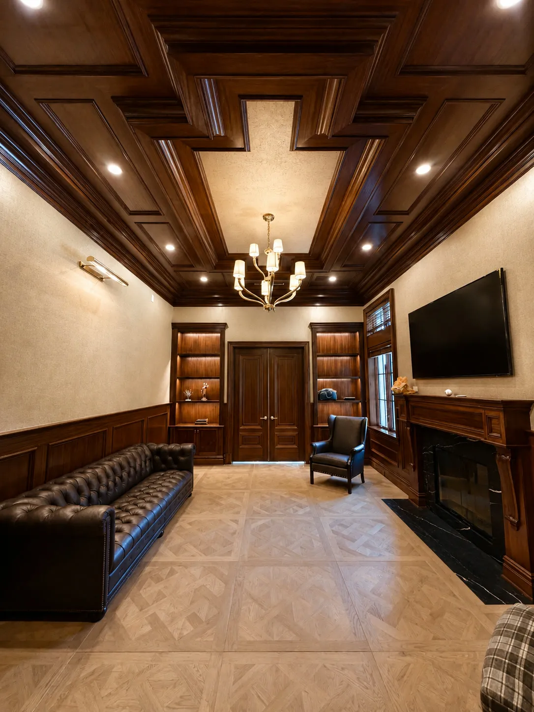 Interior study with custom wood paneling, cabinetry, and coffered ceiling.