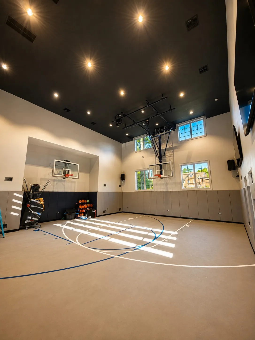 Indoor basketball court with a high dark ceiling and upper-level windows.