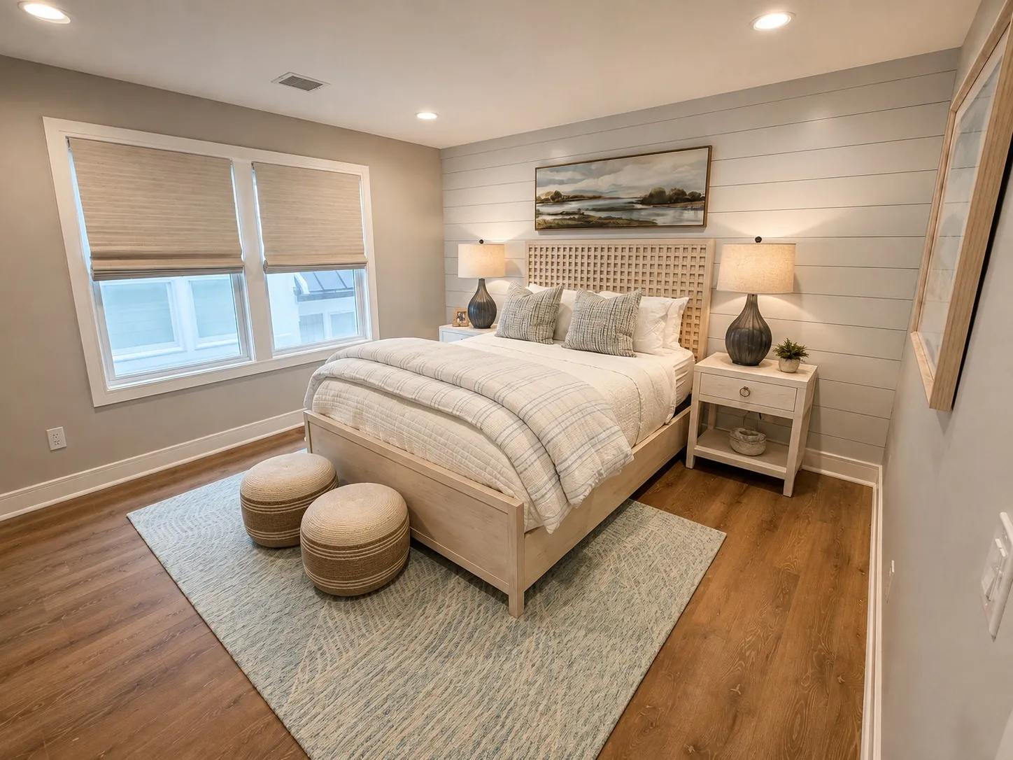 Bedroom with a paneled feature wall and pale wood furnishings.