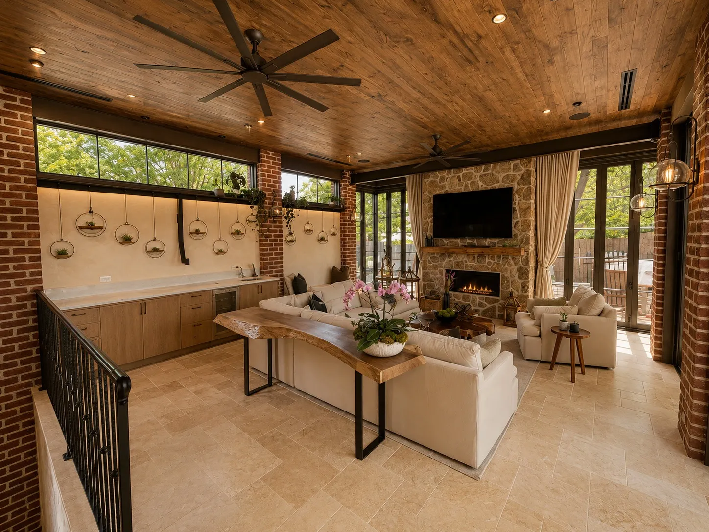 Double-height lounge with brick walls, wood ceiling panels, and broad garden windows.