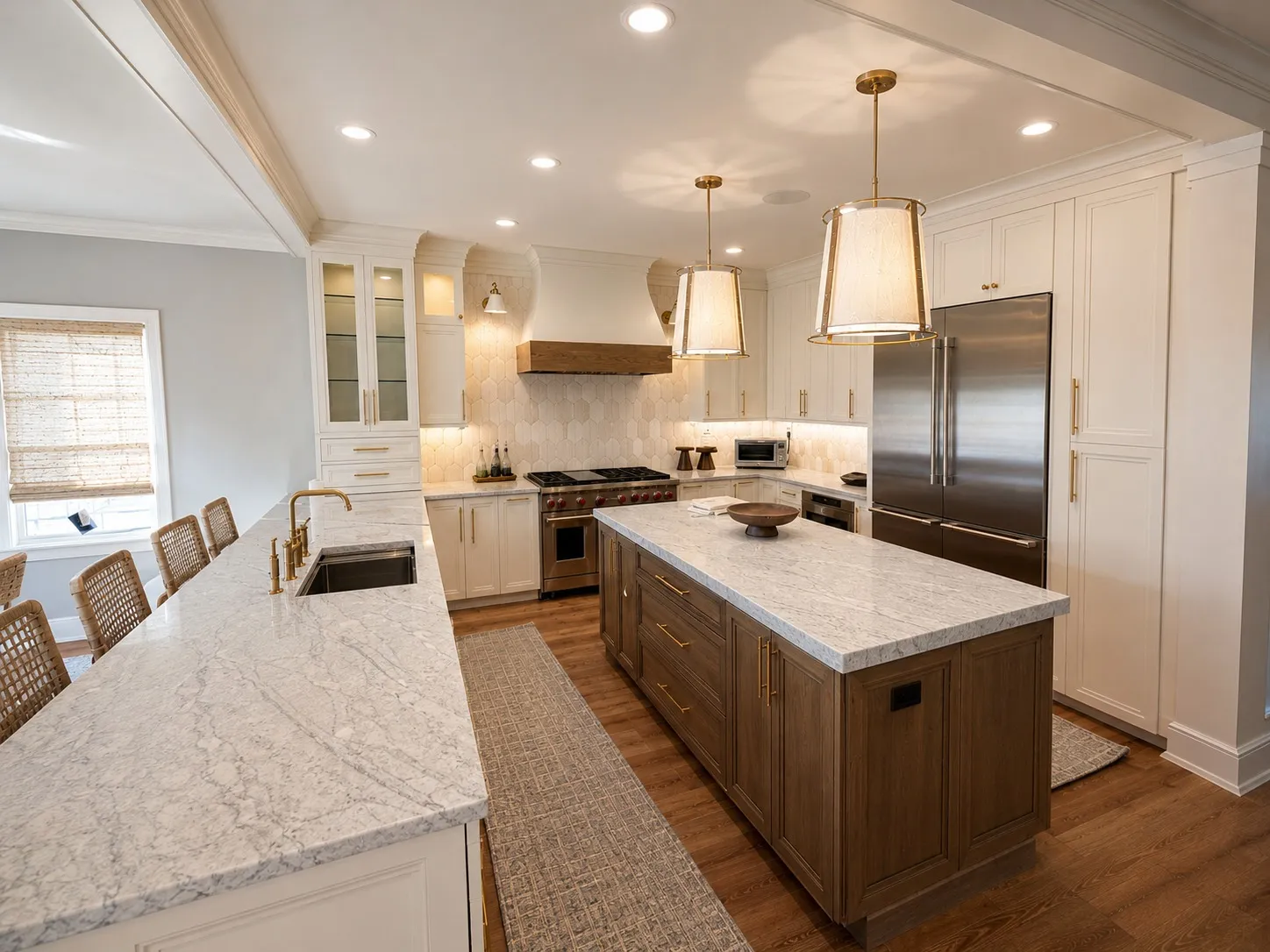 Kitchen with white cabinetry, warm wood accents, and a broad stone island.