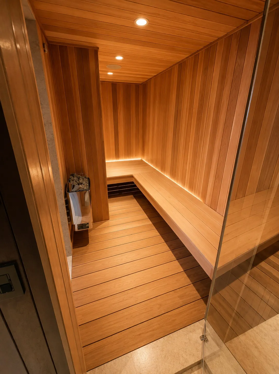 Wood-lined sauna with tiered bench seating.