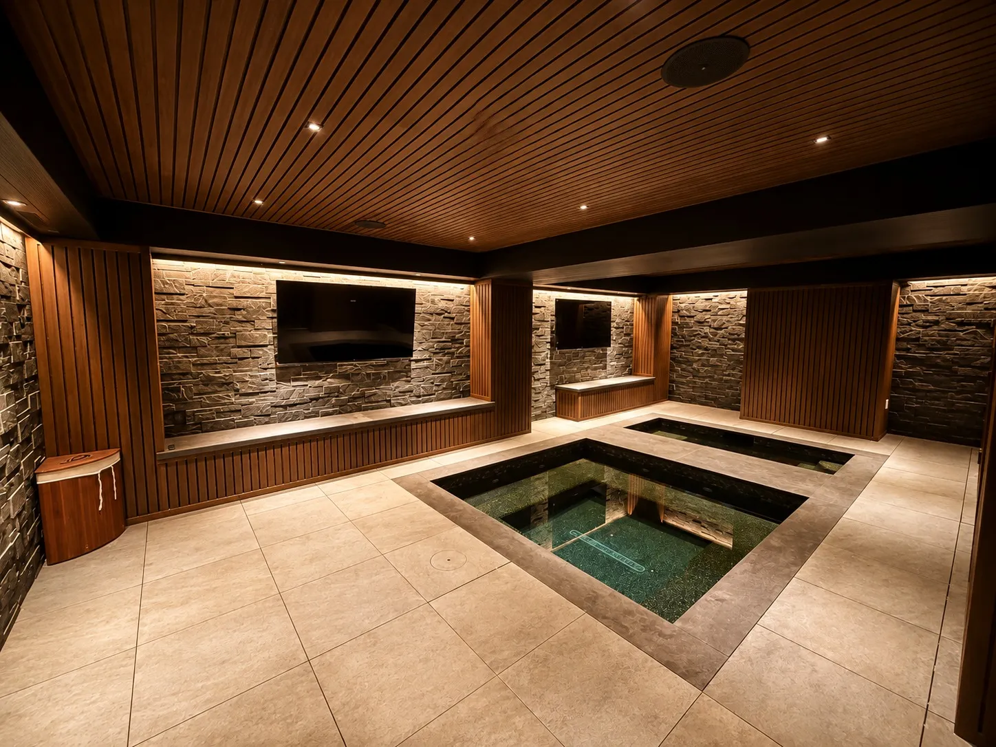 Indoor spa room with wood ceiling panels, stone walls, and a recessed pool.