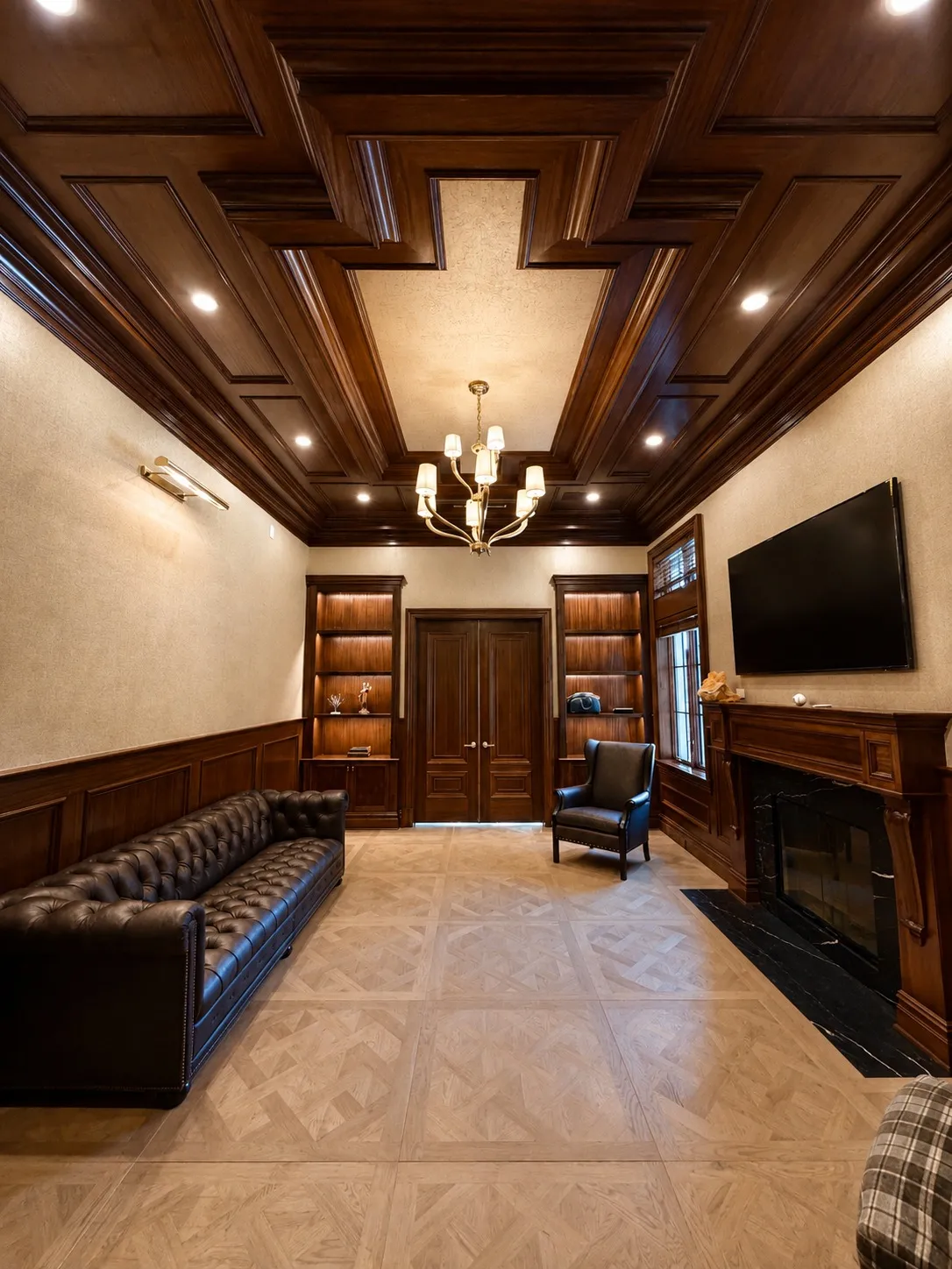 Study with a dark coffered ceiling, built-in cabinetry, and banquette seating.