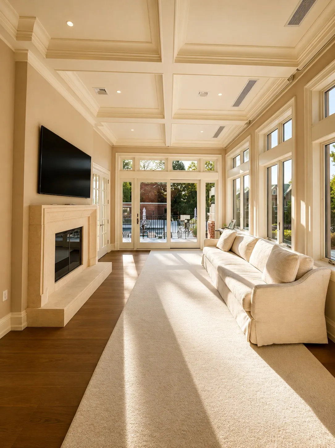 Bright sunroom with a coffered ceiling, fireplace, and garden windows.