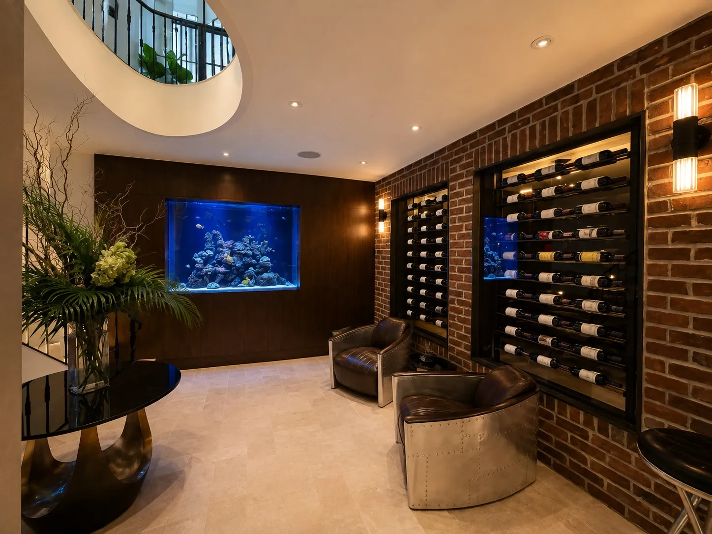 Wine lounge with brick walls, display storage, and an inset aquarium.
