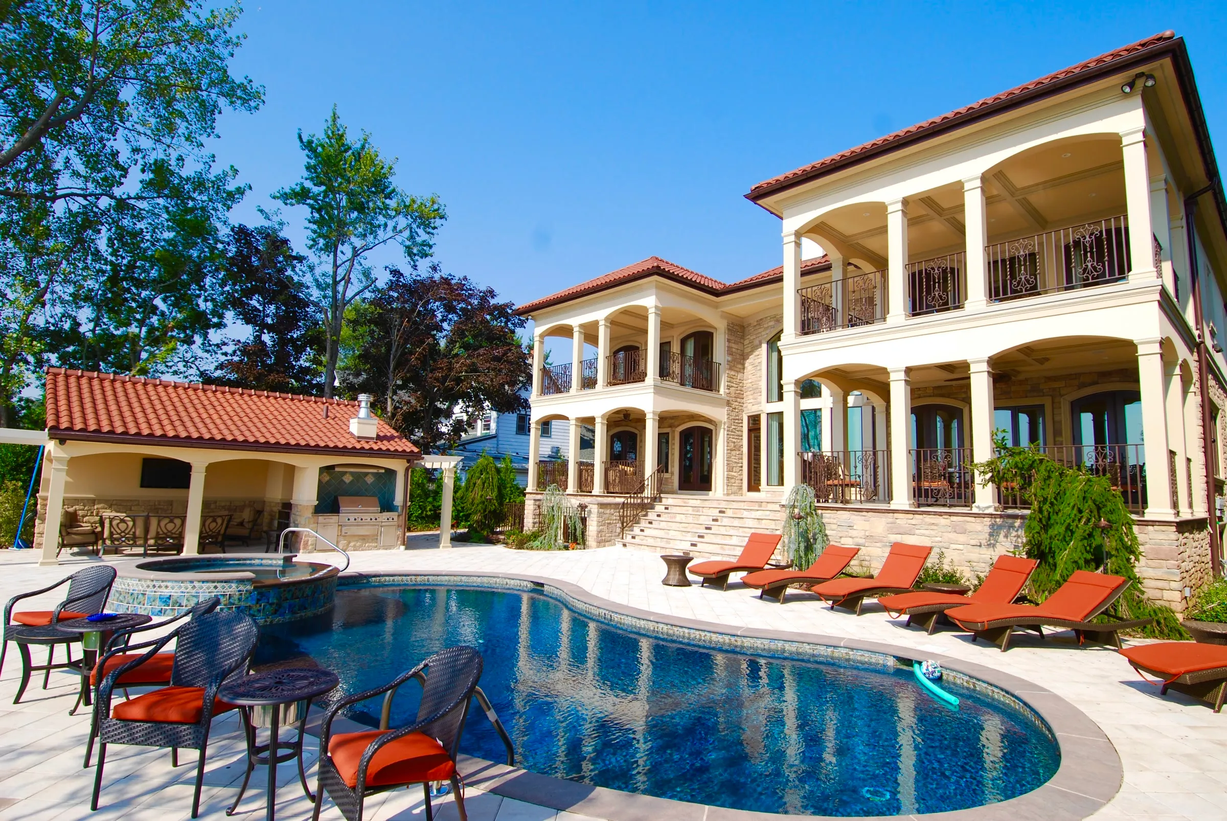 Completed residence with broad terraces and a pool in New York.