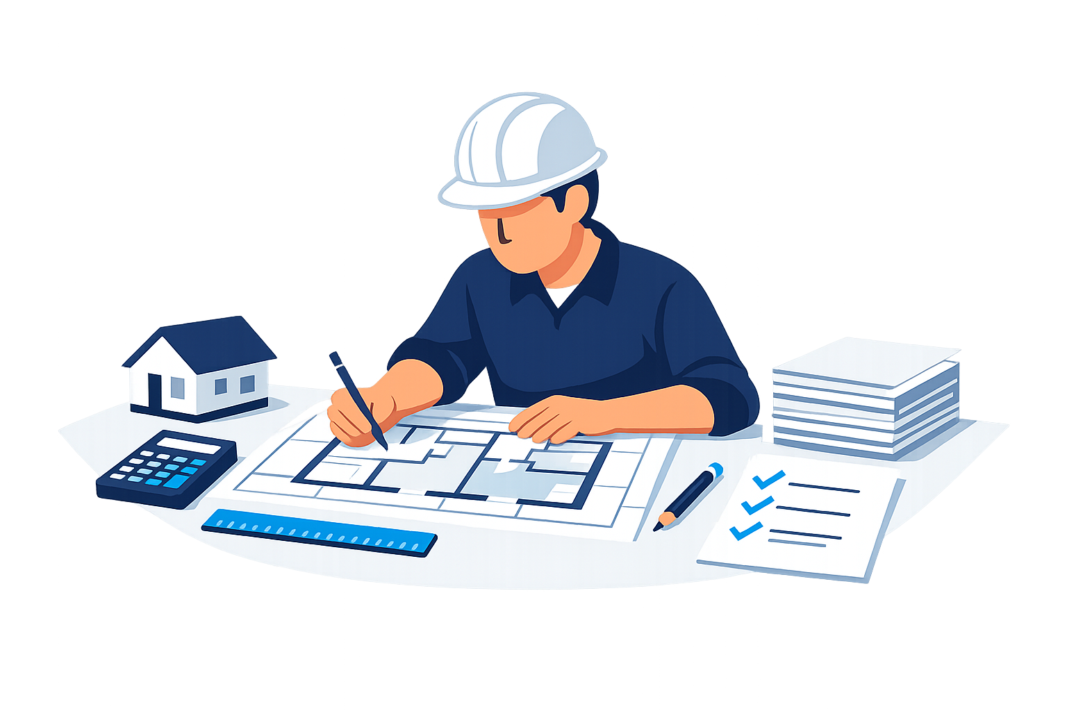 A contractor prepares plans and project estimates at a desk.