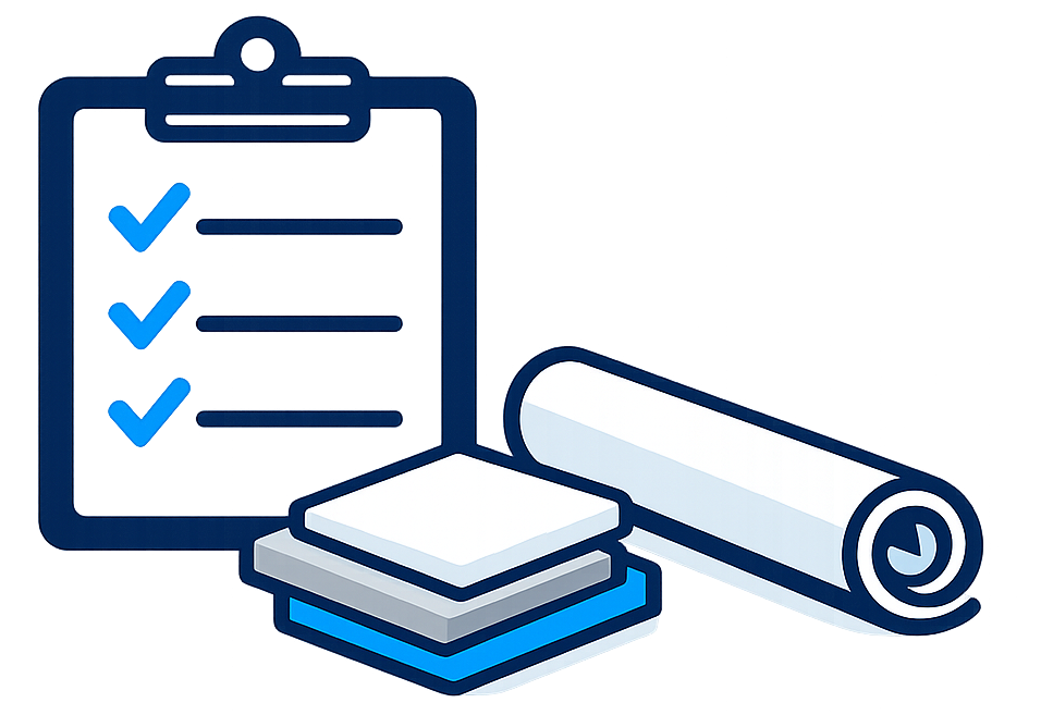 A project checklist is arranged with plans and material samples.