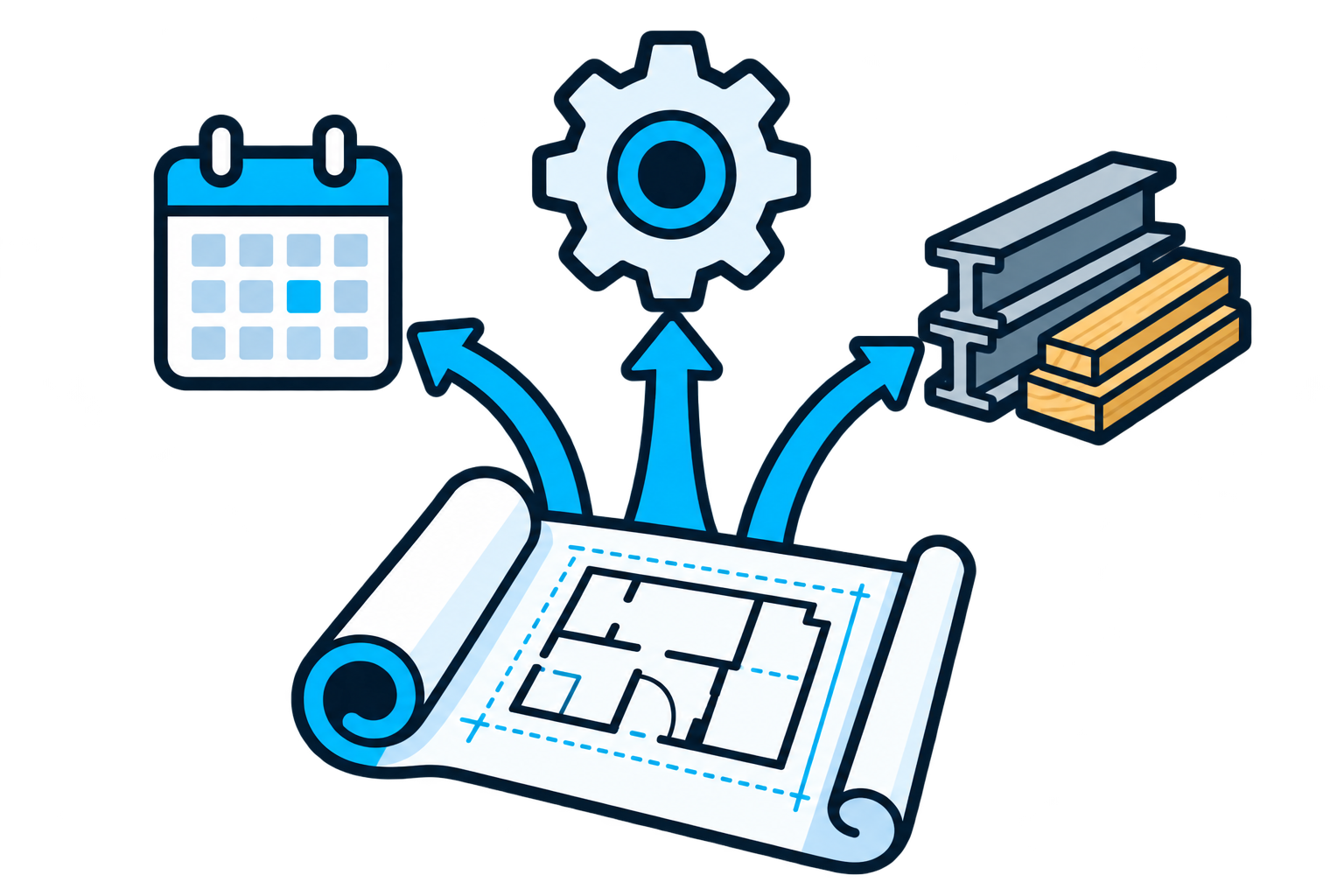 A construction plan connects scheduling, coordination, and building materials.