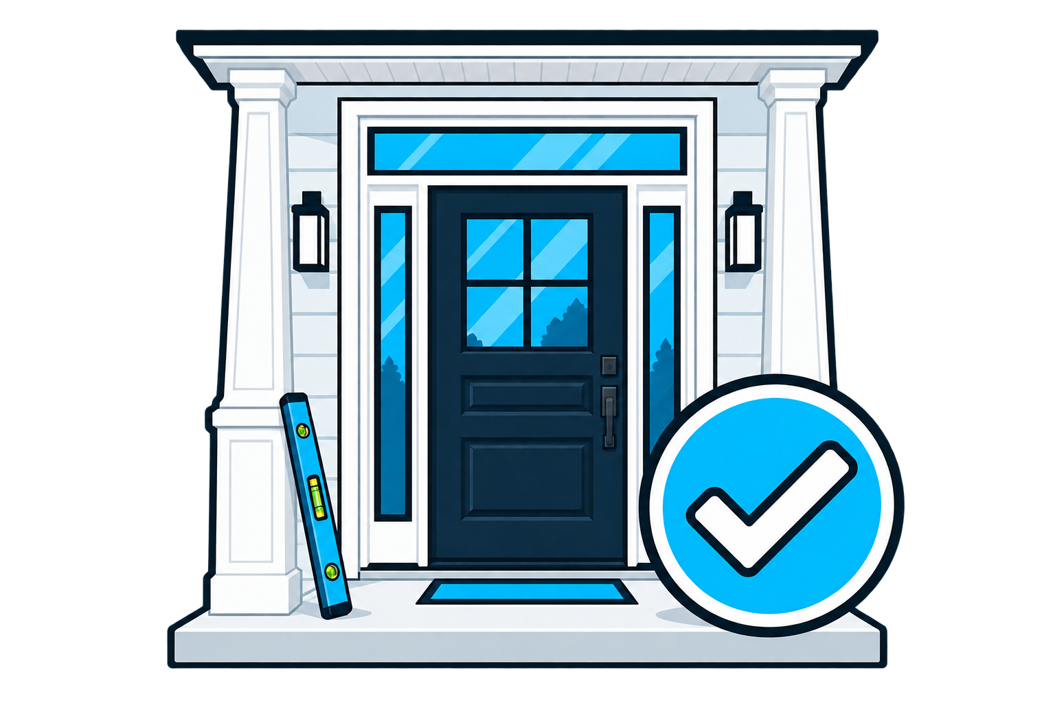 A completed home entrance is shown with a level and approval mark.
