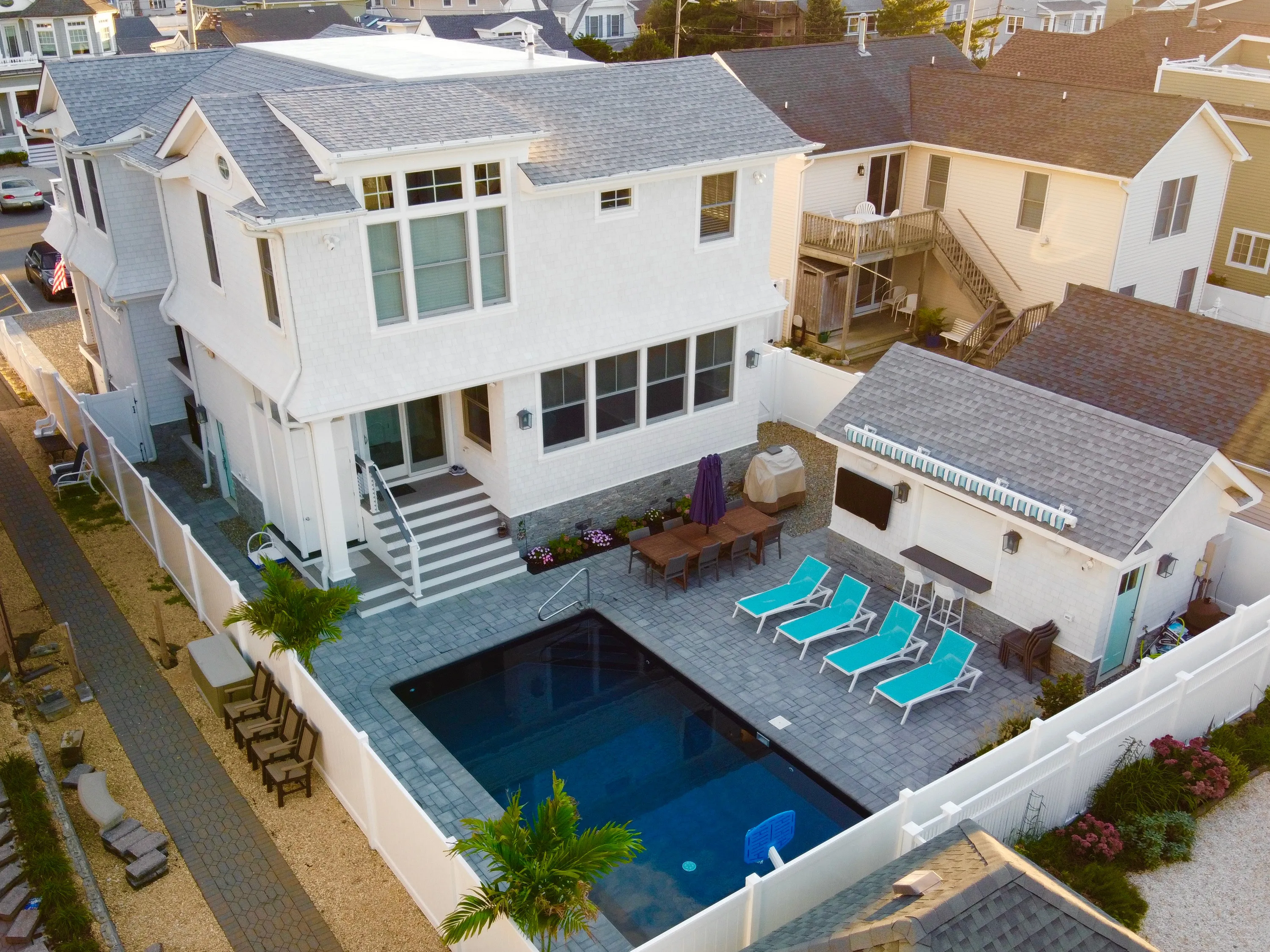Aerial view of a compact rear pool terrace in New Jersey.