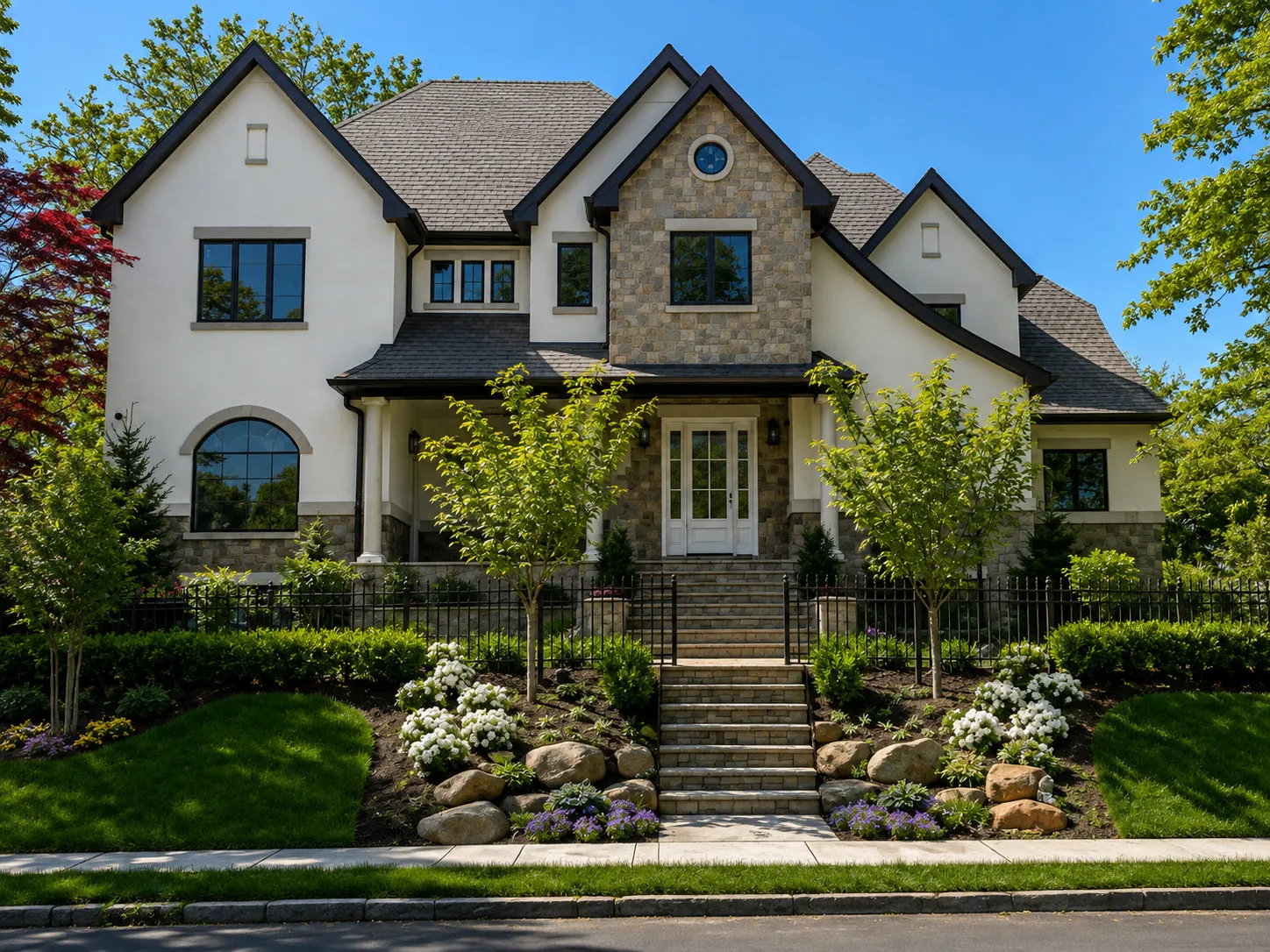 Stone and stucco residence with layered landscaping in New York.