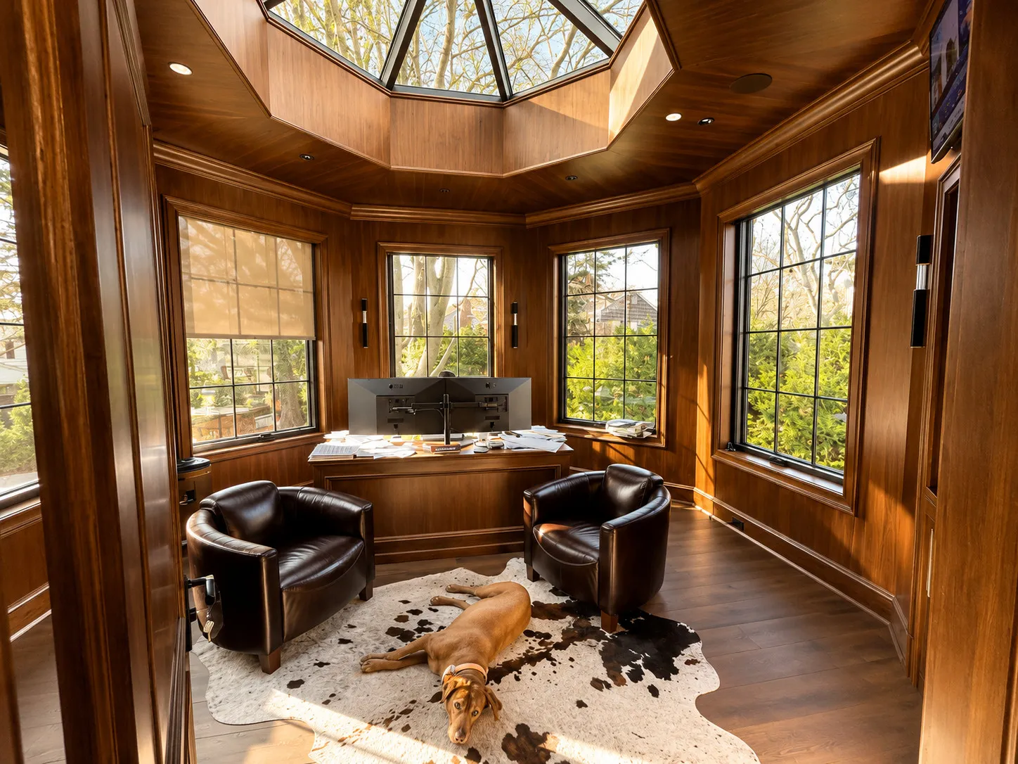 Wood-paneled sitting room beneath a glazed ceiling.