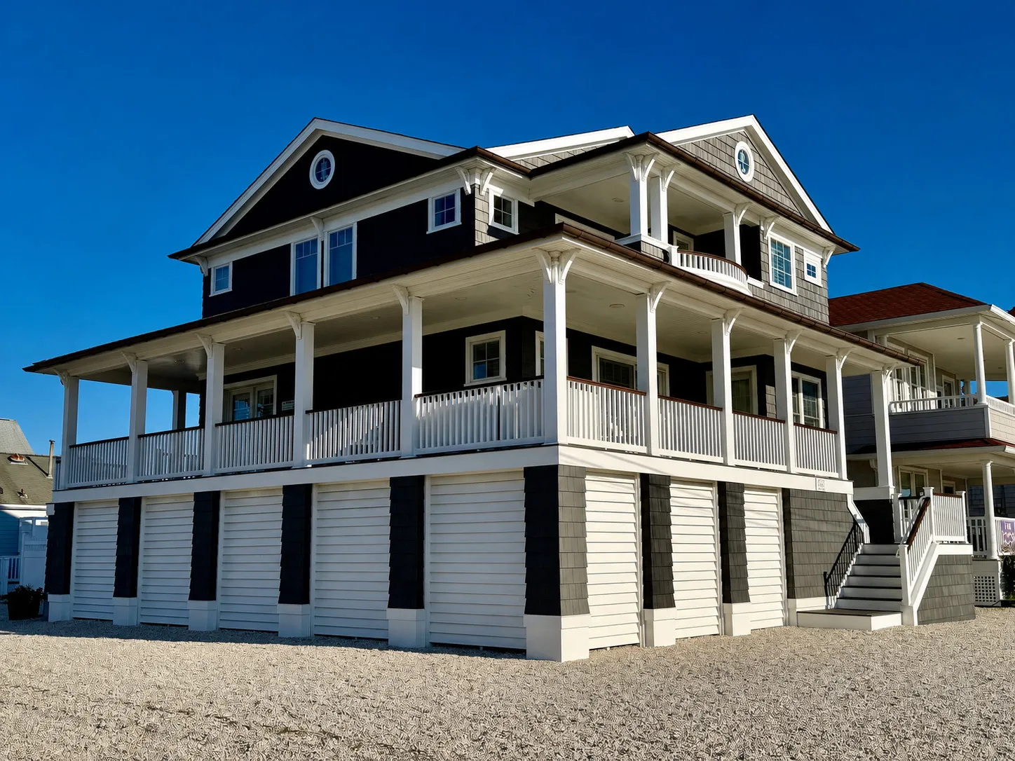 Raised coastal residence with wraparound porches in New Jersey.